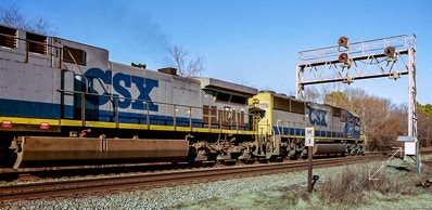 CSX freight at old railroad signal in Four Oaks, NC