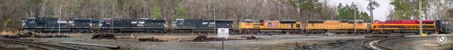 A six-locomotive train is set in Chocowinity, NC.