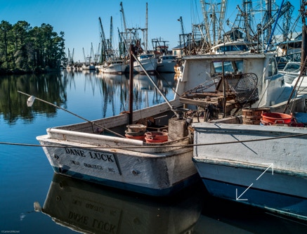wooden fishing boats in harbor, Swan Quarter NC